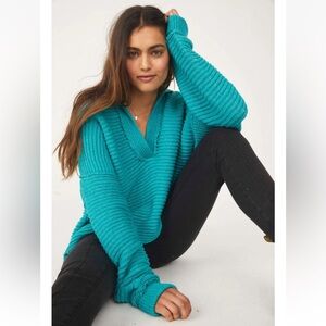 Free People 'Marlie' Ribbed-Knit Pullover Sweater, Mar Chiquita (Teal) Small